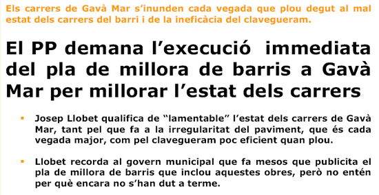 Nota de prensa del PPC de Gavà calificando de "lamentable" el estado de las calles de Gavà Mar (6 de Junio de 2008)